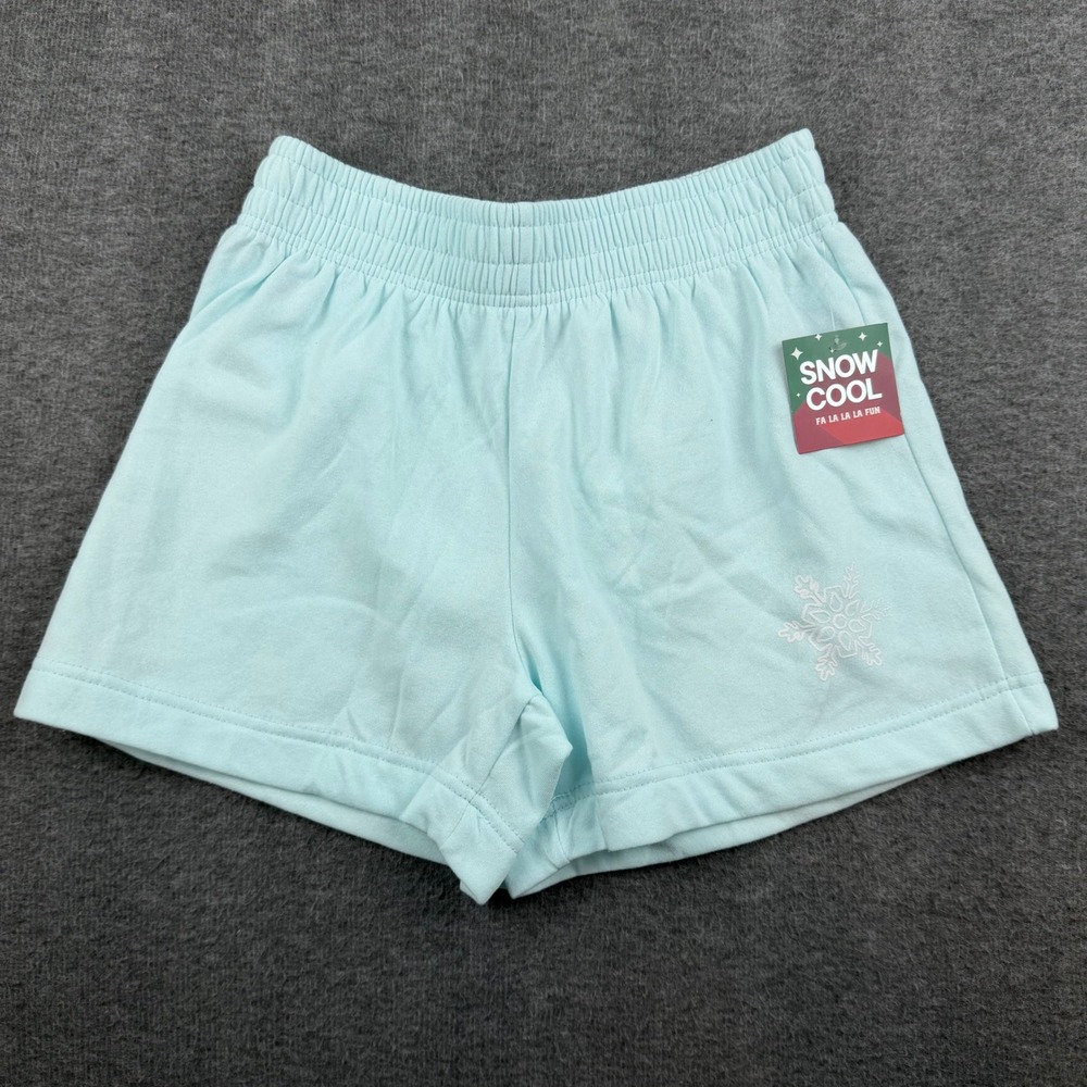 Snow Cool Fleece Lounge Shorts Womens Medium Aqua Blue Snowflake Holiday Pajamas
